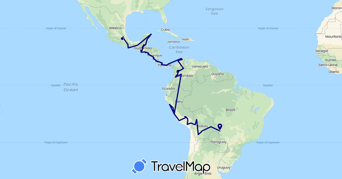 TravelMap itinerary: driving in Belize, Colombia, Costa Rica, Guatemala, Mexico, Nicaragua, Panama, Peru, El Salvador (North America, South America)